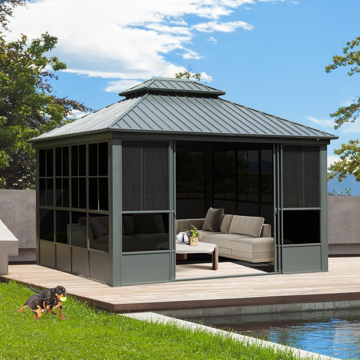 [12x14FT] Large Heavy Duty All-Season Steel Top Aluminum Double Roof Backyard Gazebo (SAK97284) image 1