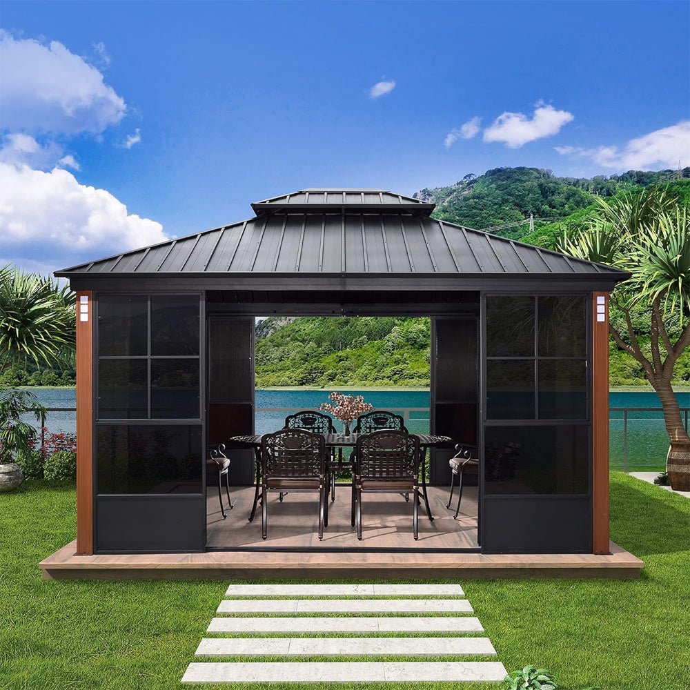 [12x14FT] Large Heavy Duty Outdoor Aluminum Patio Hard Double Steel Top Backyard Sun Room Gazebo (94625371) image 1