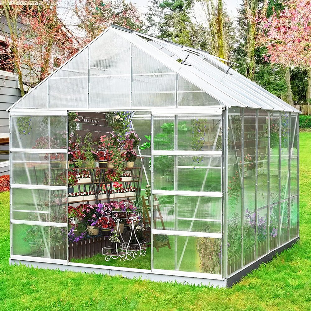 [10x12FT] Large Heavy Duty Outdoor Walk-In Polycarbonate Aluminum Frame Greenhouse With Adjustable Vents & Sliding Doors (SAK93648) image 1