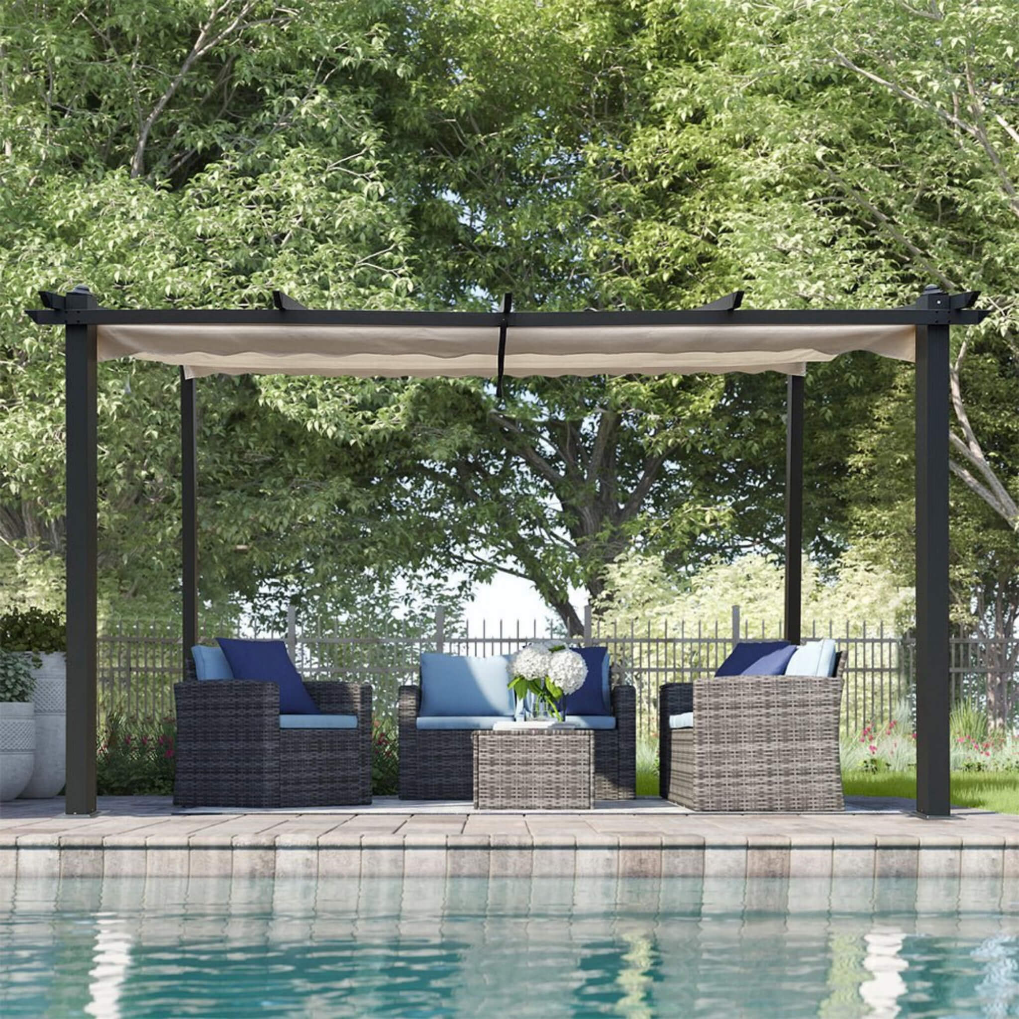 [10x13FT] Large Outdoor Patio Pergola With Canopy & Retractable Sun Shades, Beige (SAK51842) image 1