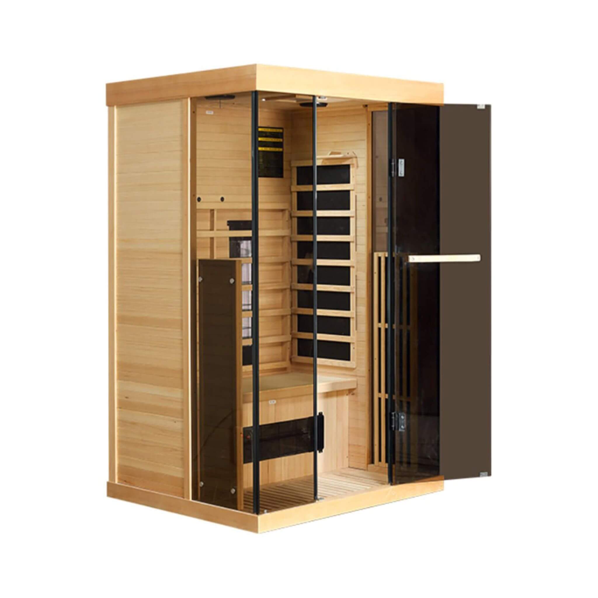 Luxury 2-Person Low EMF FAR Infrared Heat Wood Home Personal Spa Sauna W/ Panoramic Tempered Glass, 2000W (SAK27481) image 1