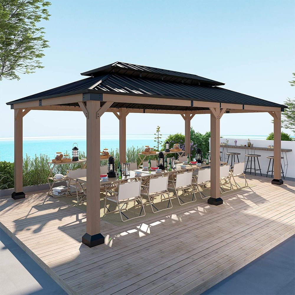 [12x20FT] Heavy Duty Backyard Cedar Wood Steel Hardtop Double Roof Gazebo Canopy (95726813) image 1