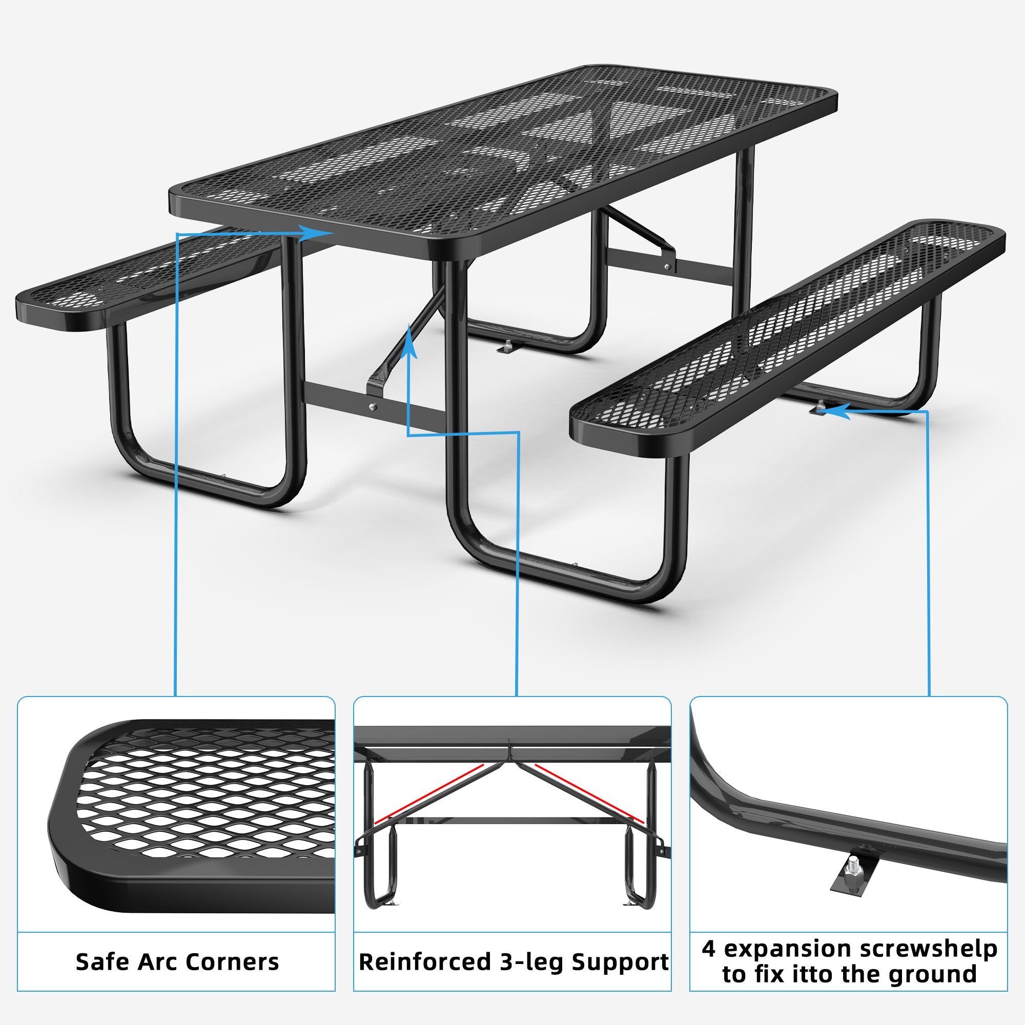 6 ft Metal Picnic Tables for Outdoors, Rectangle Coated Steel Patio Furniture Set image 9