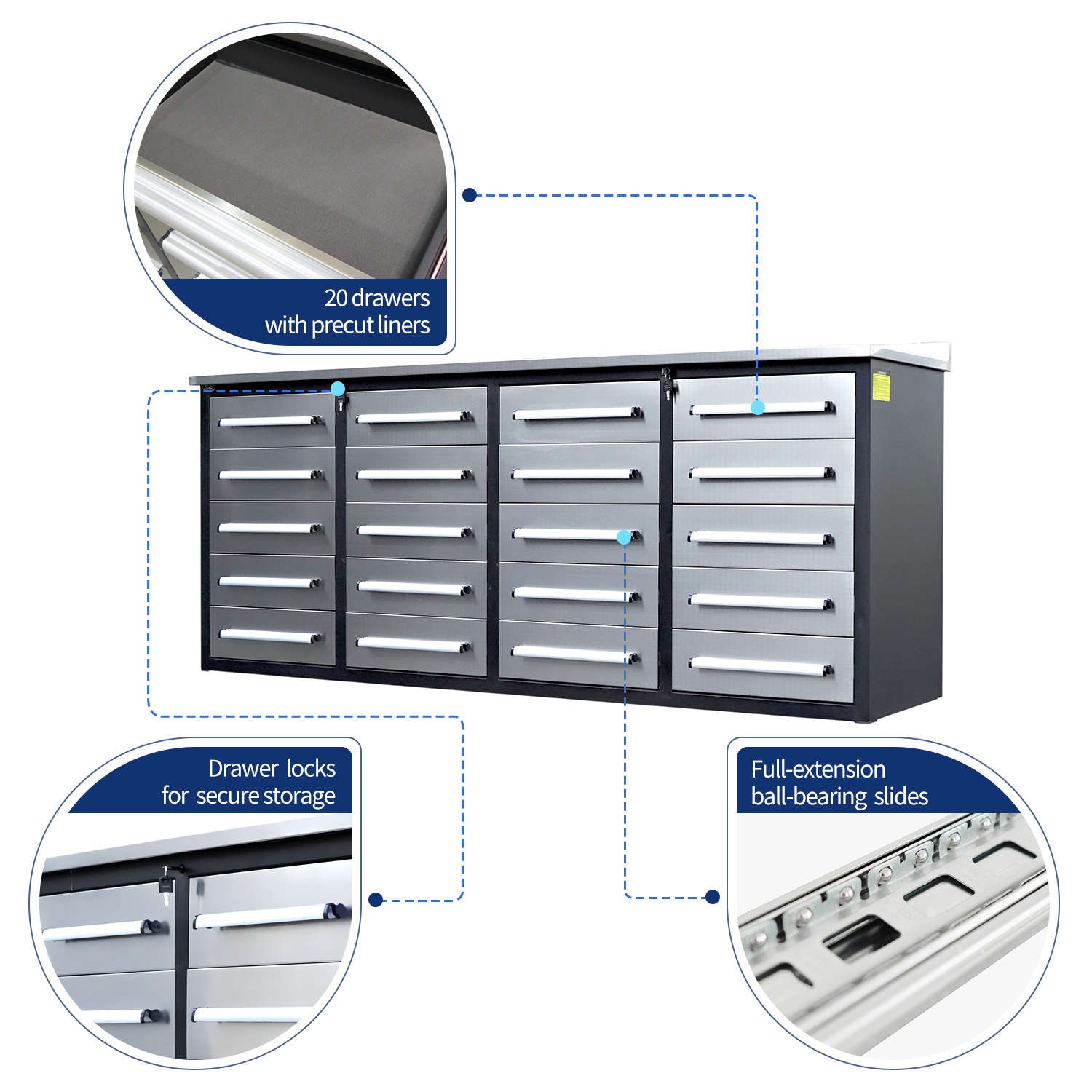 7ft Heavy Duty Garage Workbench Cabinet with 20 Drawers image 3