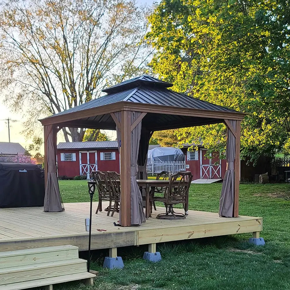 Aluminum Hardtop Gazebo Wood-Looking with Drainage Gutters image 10