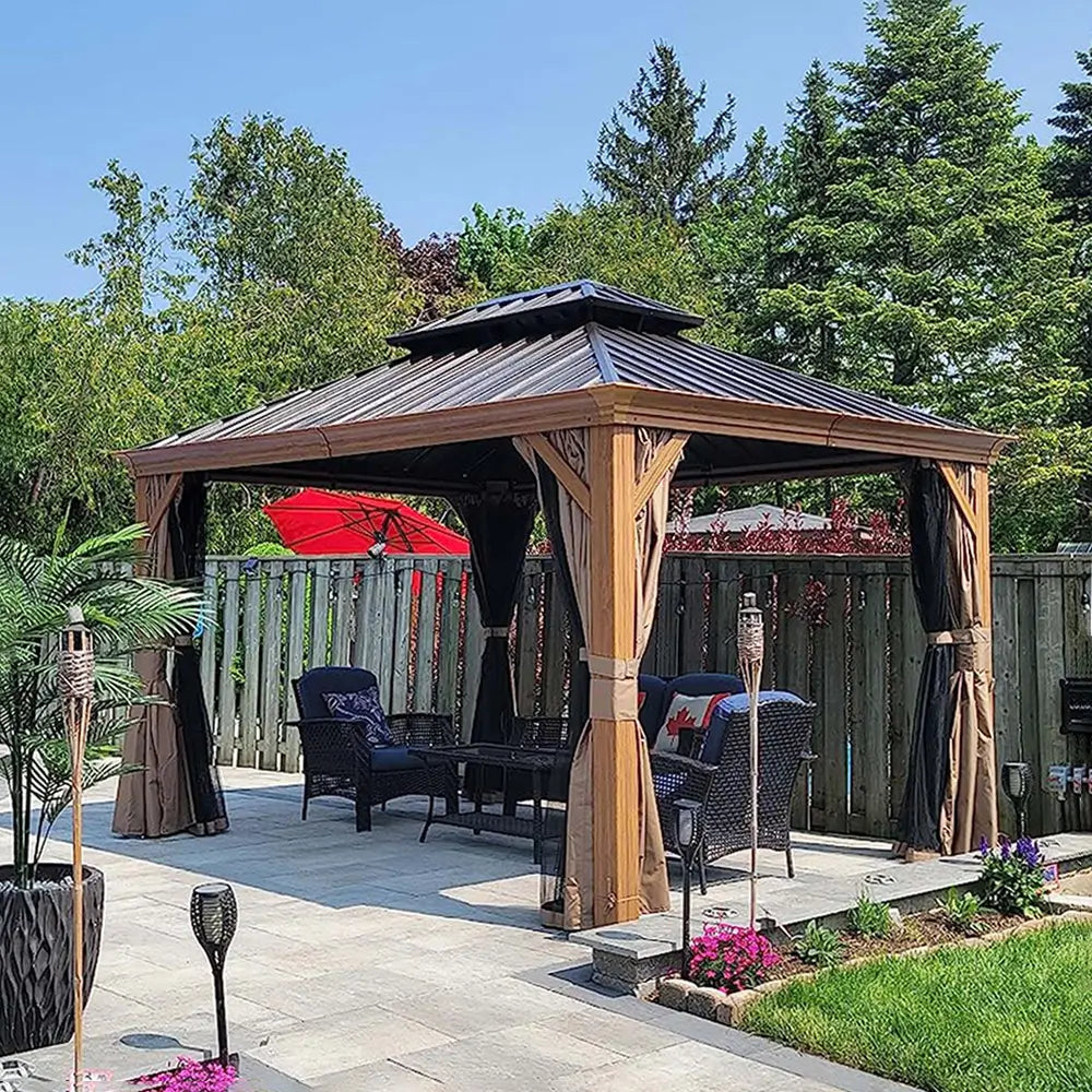 Aluminum Hardtop Gazebo Wood-Looking with Drainage Gutters image 1
