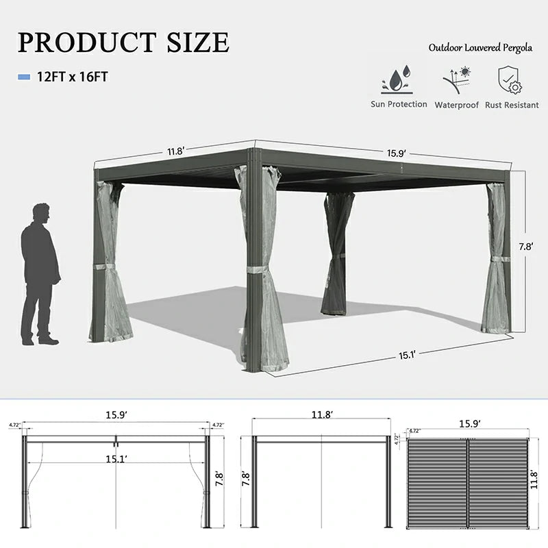 Louvered Pergola Gray with Galvanized Steel Roof image 13