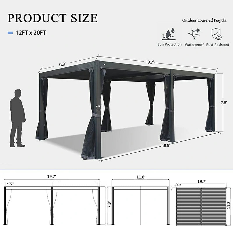 Louvered Pergola Gray with Galvanized Steel Roof image 19