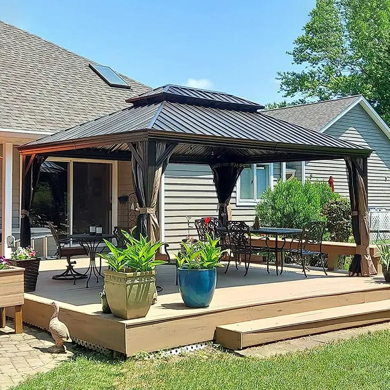 Aluminum Hardtop Gazebo Brown with Drainage Gutters image 30