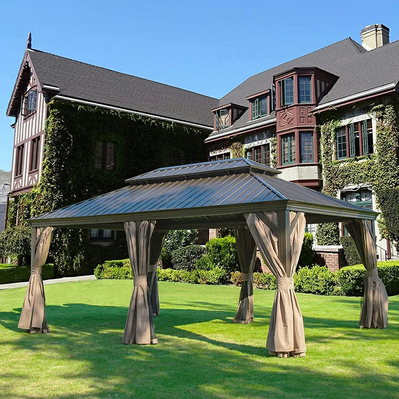 Aluminum Hardtop Gazebo Brown with Drainage Gutters image 49