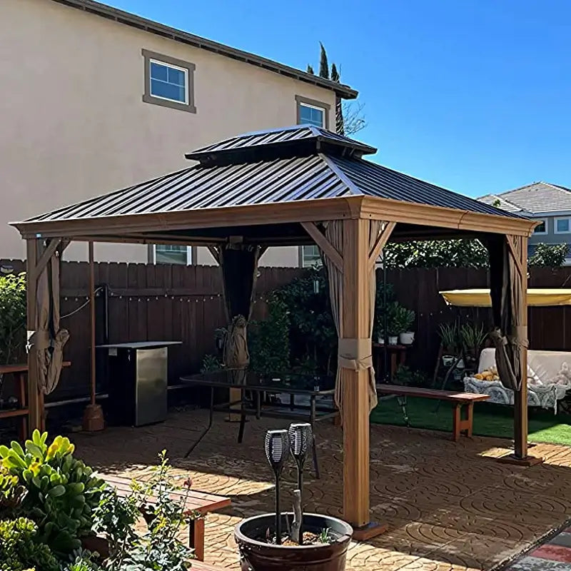 Aluminum Hardtop Gazebo Wood-Looking with Drainage Gutters image 11