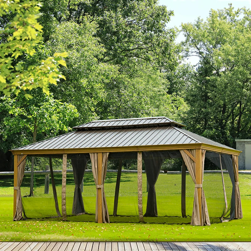 Aluminum Hardtop Gazebo Wood-Looking with Drainage Gutters image 53