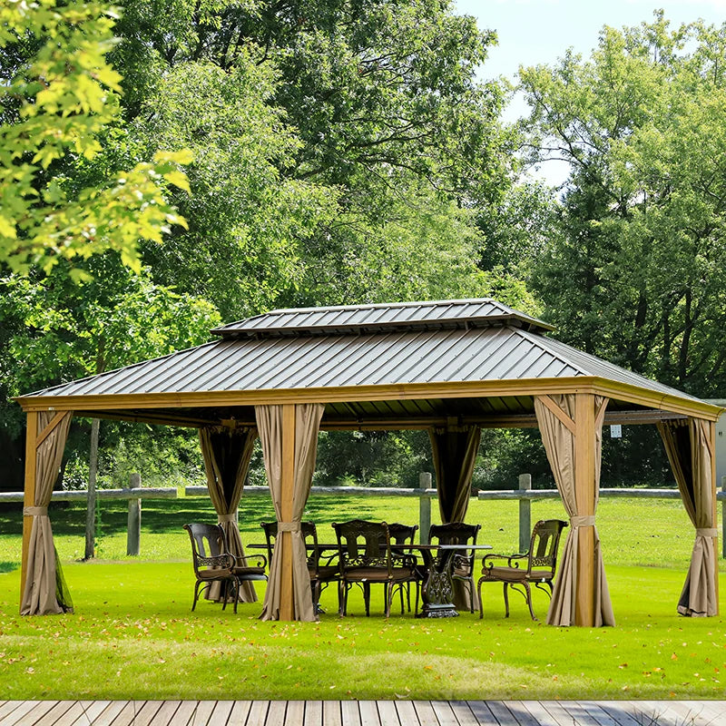 Aluminum Hardtop Gazebo Wood-Looking with Drainage Gutters image 43