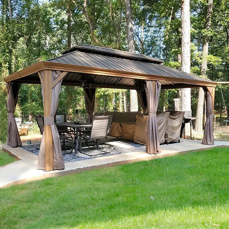 Aluminum Hardtop Gazebo Wood-Looking with Drainage Gutters image 54