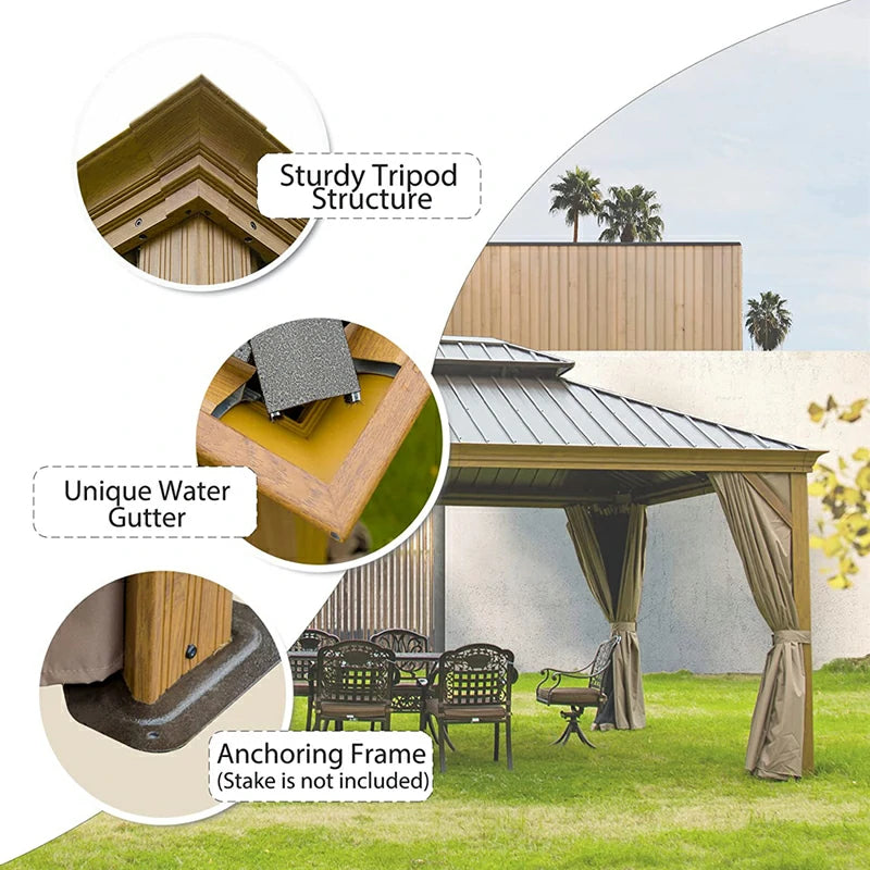 Aluminum Hardtop Gazebo Wood-Looking with Drainage Gutters image 39