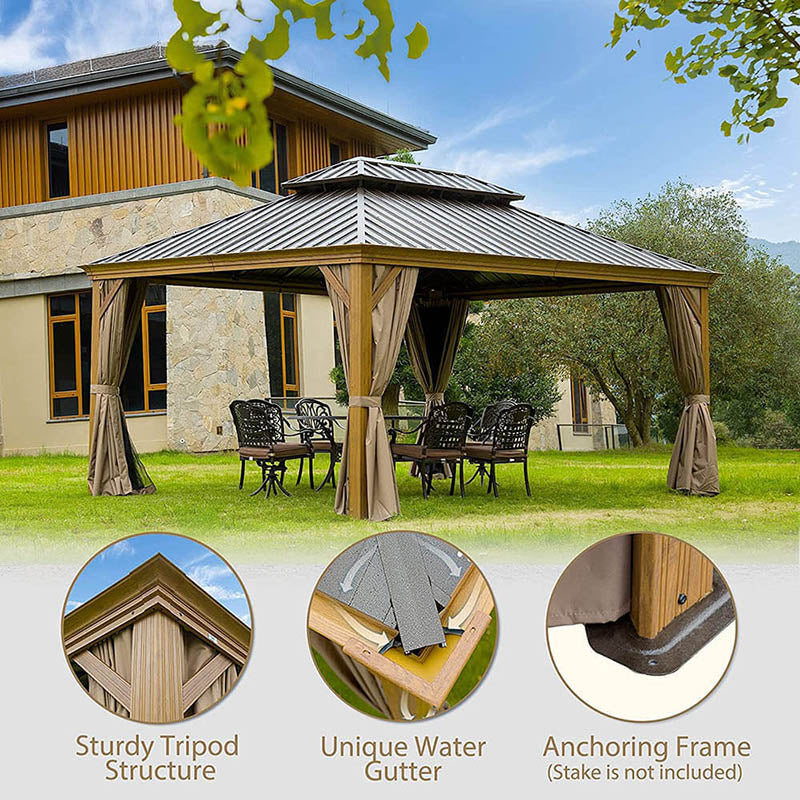 Aluminum Hardtop Gazebo Wood-Looking with Drainage Gutters image 25