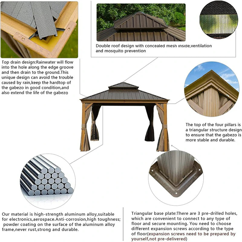 Aluminum Hardtop Gazebo Wood-Looking with Drainage Gutters image 16