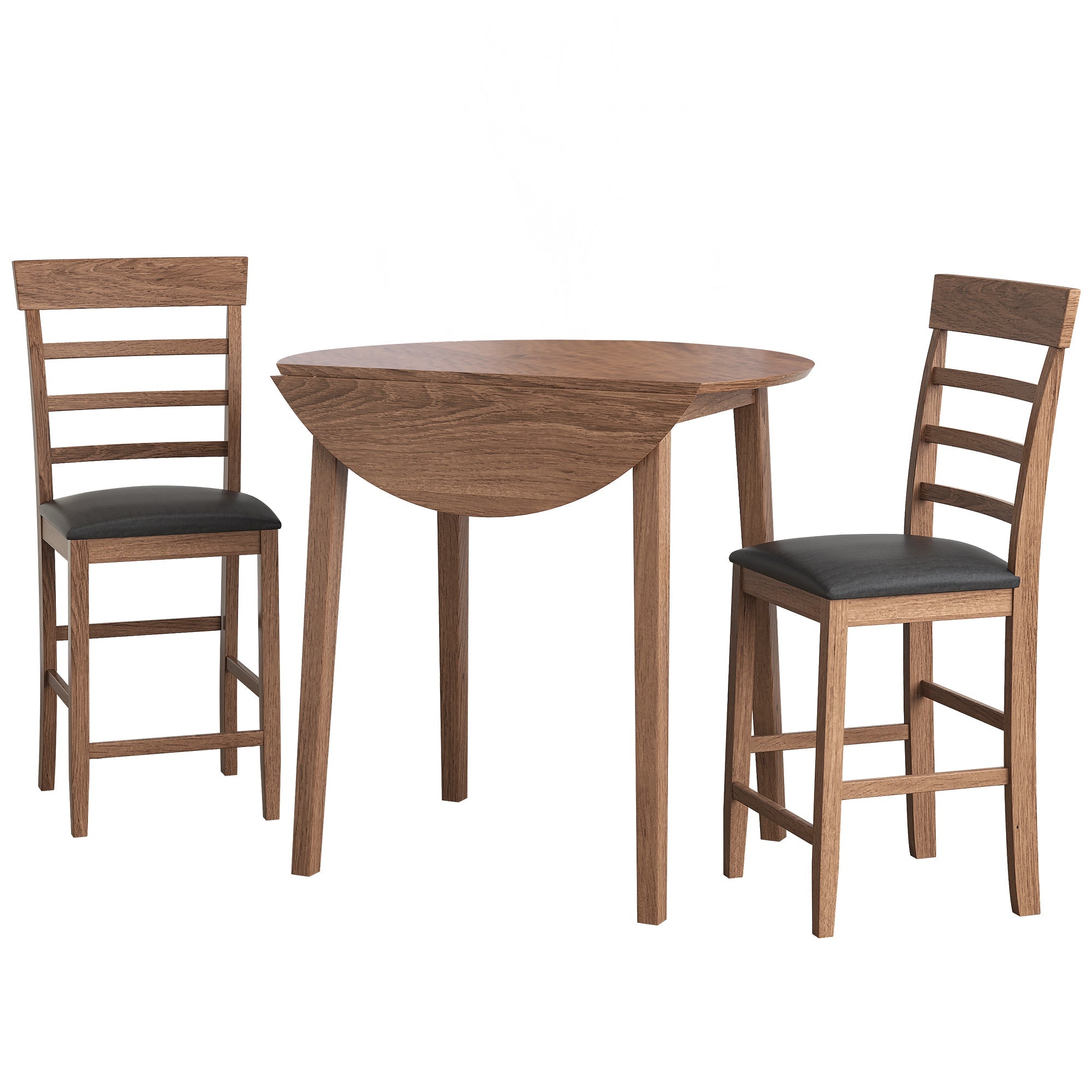 3PCS Retro Round Counter Height Drop-Leaf Table with 2 Upholstered Chairs Rubber wood Dining Table Set Pub Set with PU leather Cushion for Small Space Kitchen Walnut Color image 1