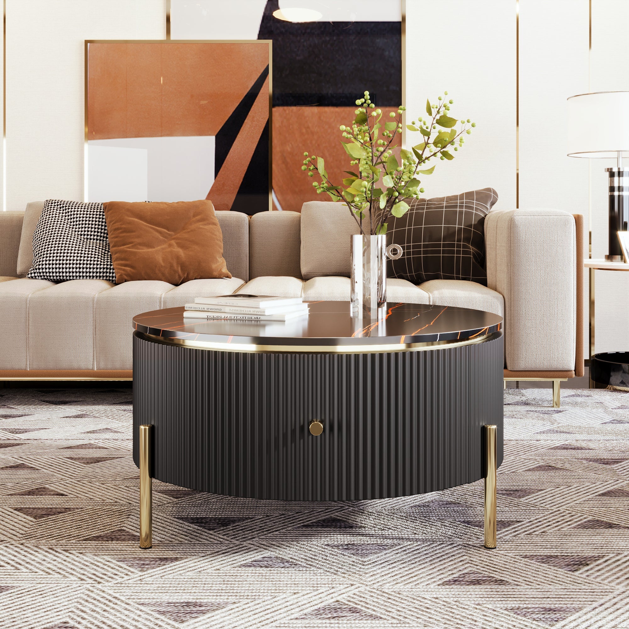 Modern Round Coffee Table with 2 large Drawers Storage Accent Table(31.5