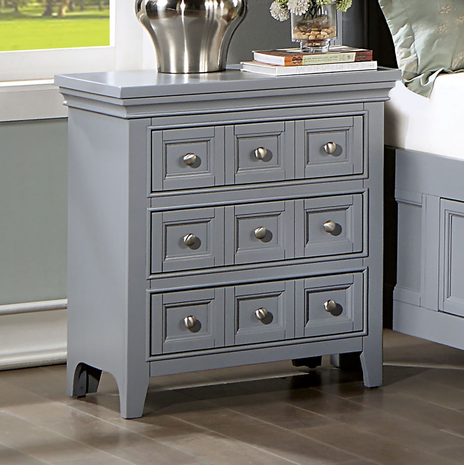 Transitional Style Gray Color Solid wood 1pc Nightstand Only Bedroom Furniture Bedside Table Round Knobs 3-Drawers Nightstand image 1