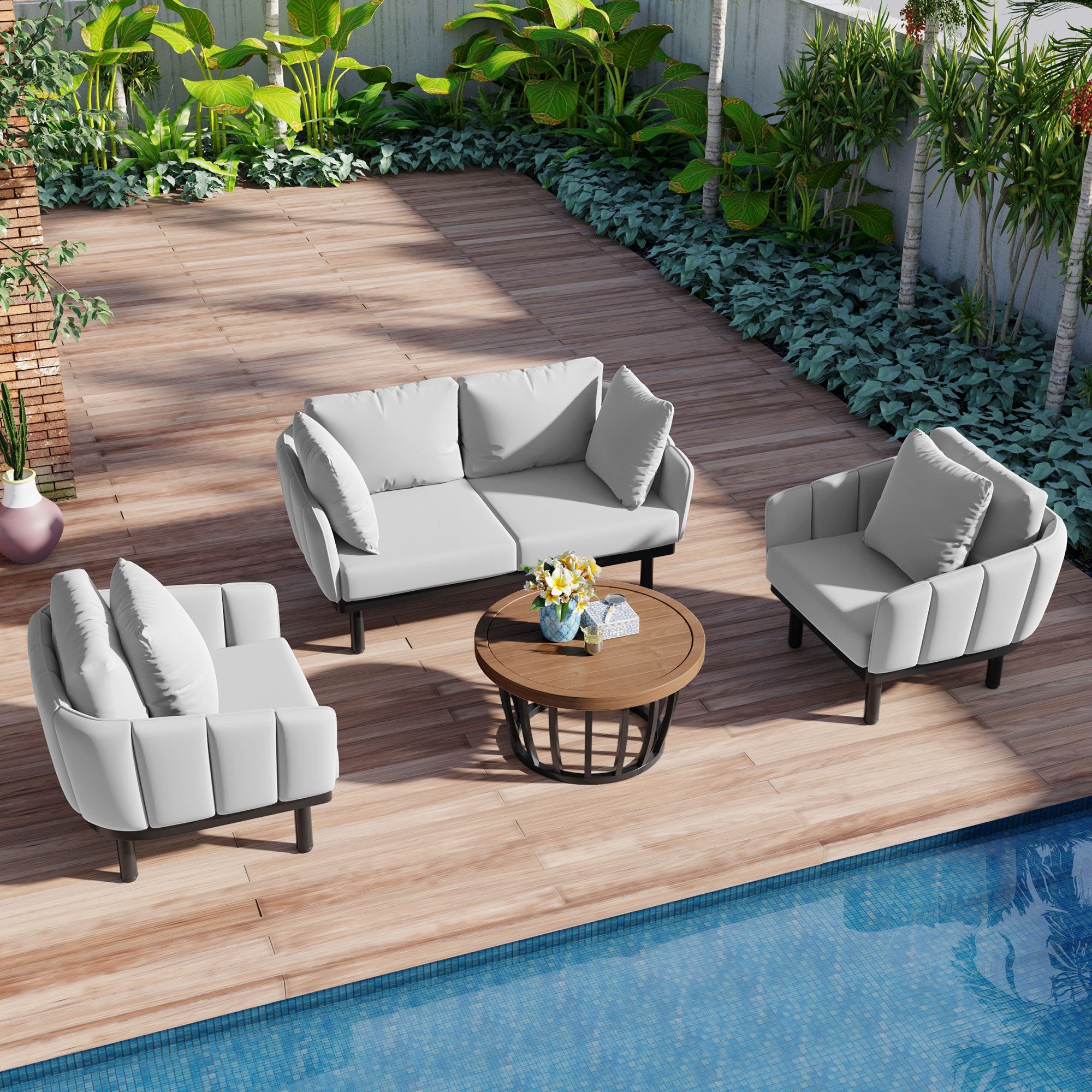 Luxury Modern 4-Piece Outdoor Iron Frame Conversation Set, Patio Chat Set with Acacia Wood Round Coffee Table for Backyard, Deck, Poolside, Indoor Use, Loveseat+Arm Chairs, Gray image 1