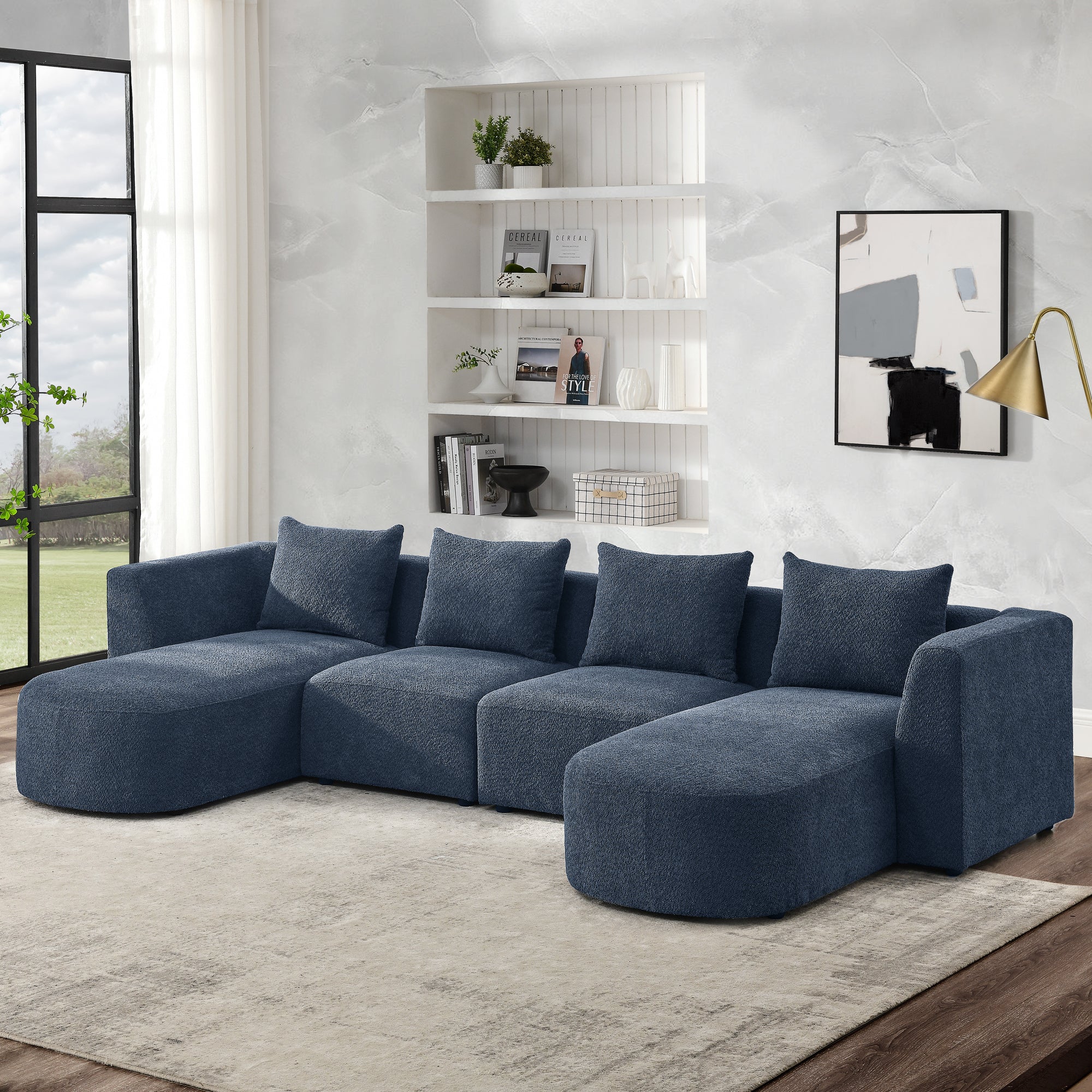 U Shape Sectional Sofa including Two Single Seats and Two Chaises, Modular Sofa, DIY Combination, Loop Yarn Fabric, Navy image 1