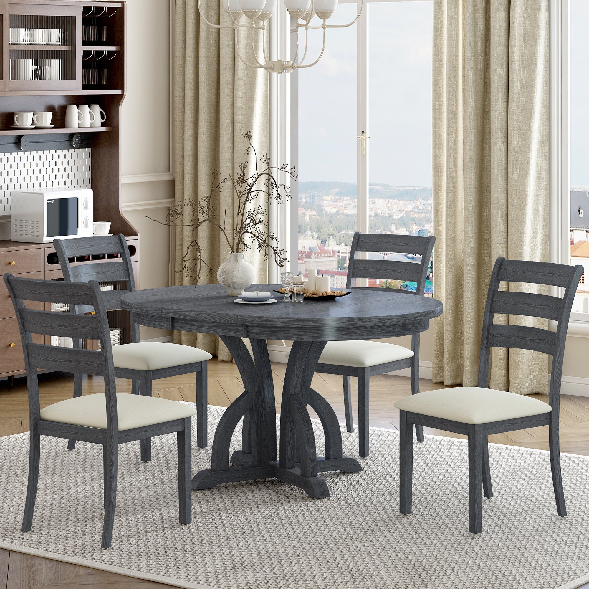 5-Piece Farmhouse Round Pedestal Extending Dining Table Set Extendable Kitchen Table Set with 15.8