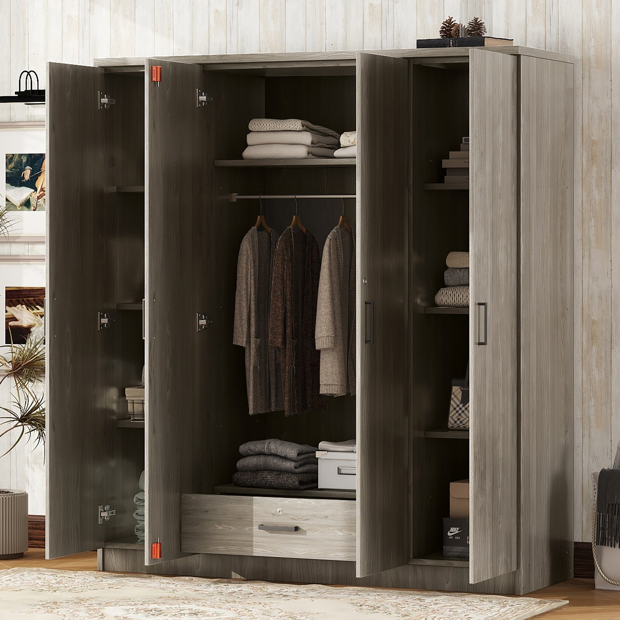 4-Door Wardrobe with 1 Drawer, Gray image 1