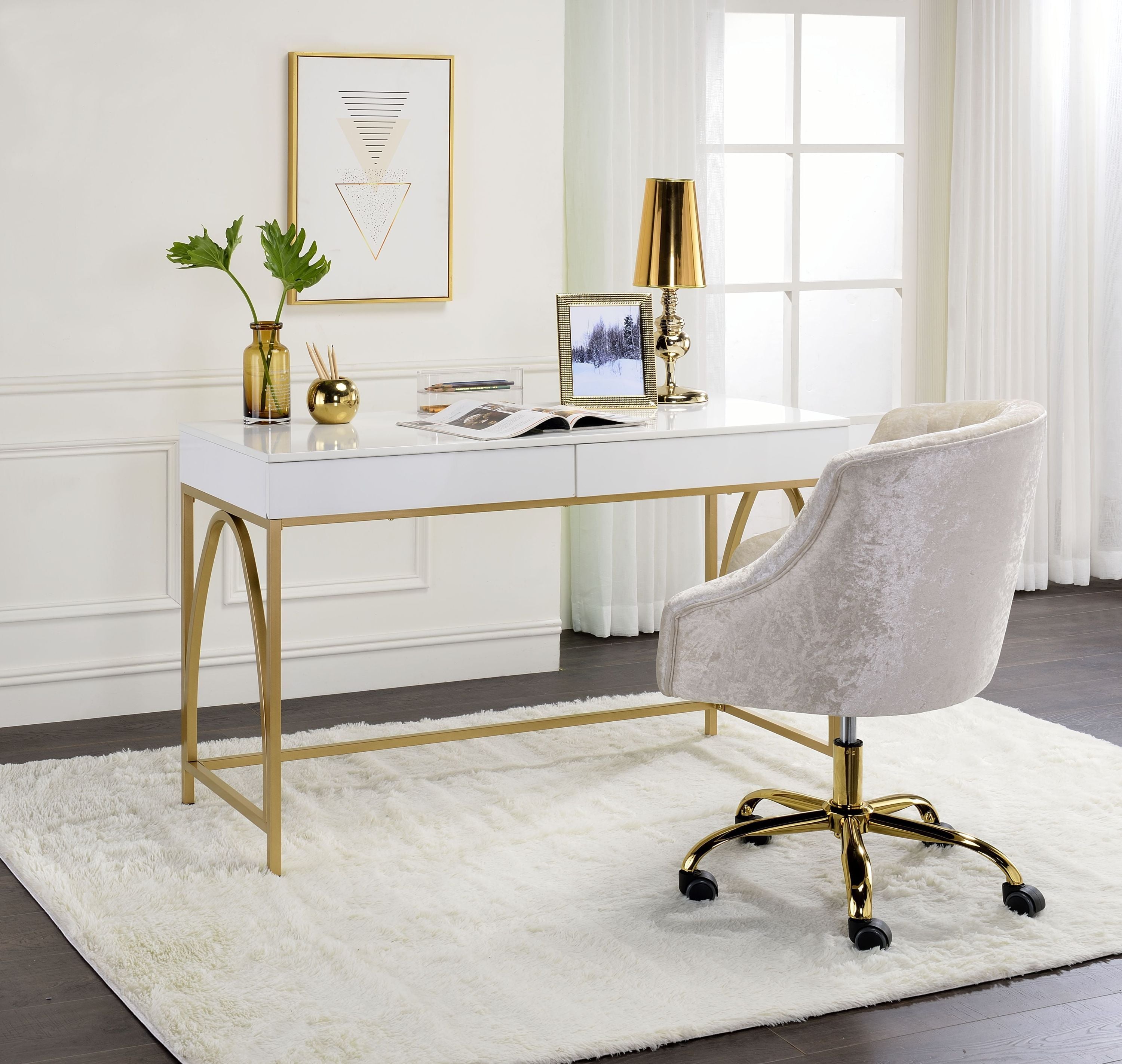 Lightmane Desk, White High Gloss & Gold image 1