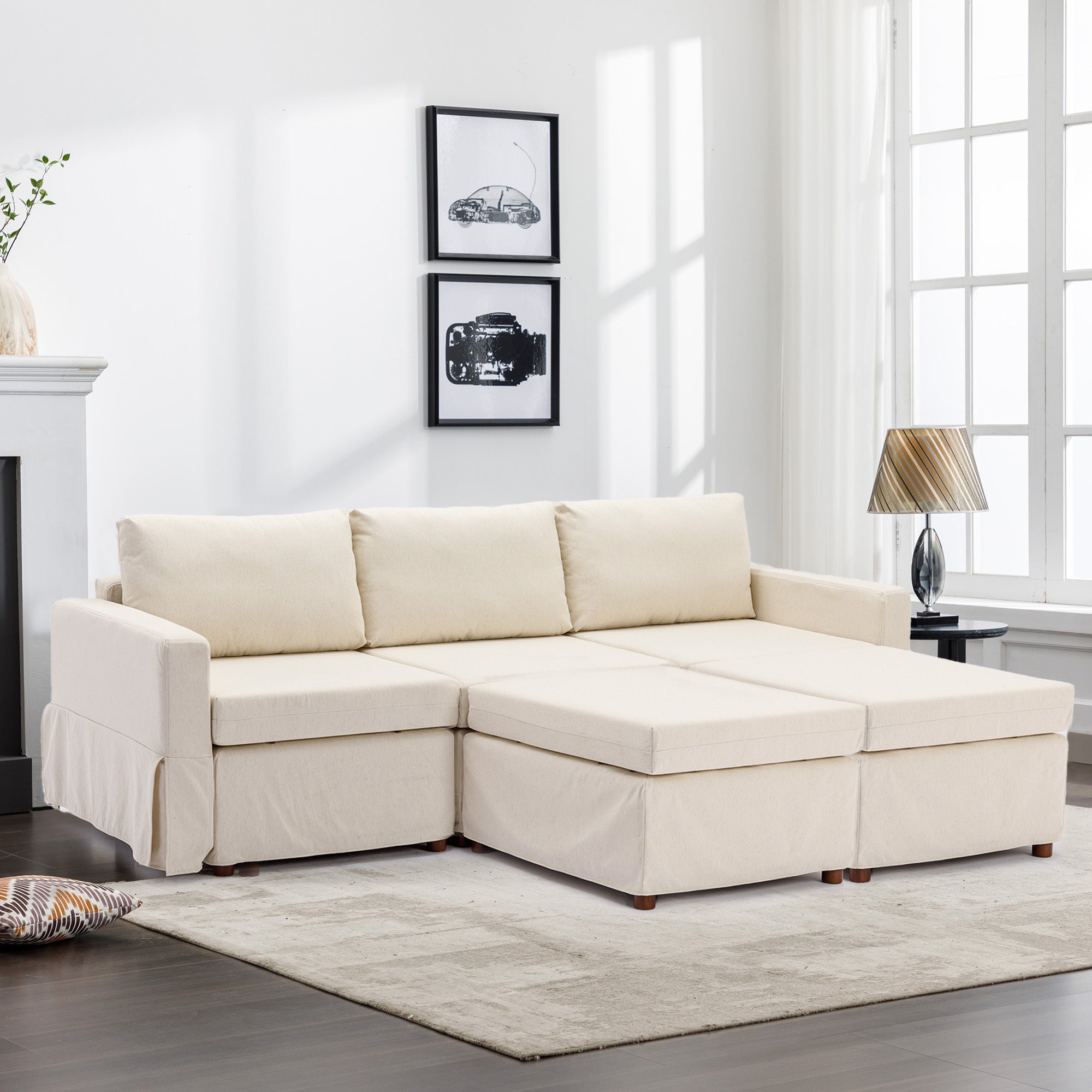 3 Seat Module Sectional Sofa Couch With 2 Ottoman,Seat Cushion and Back Cushion Removable and Washable,Cream image 1