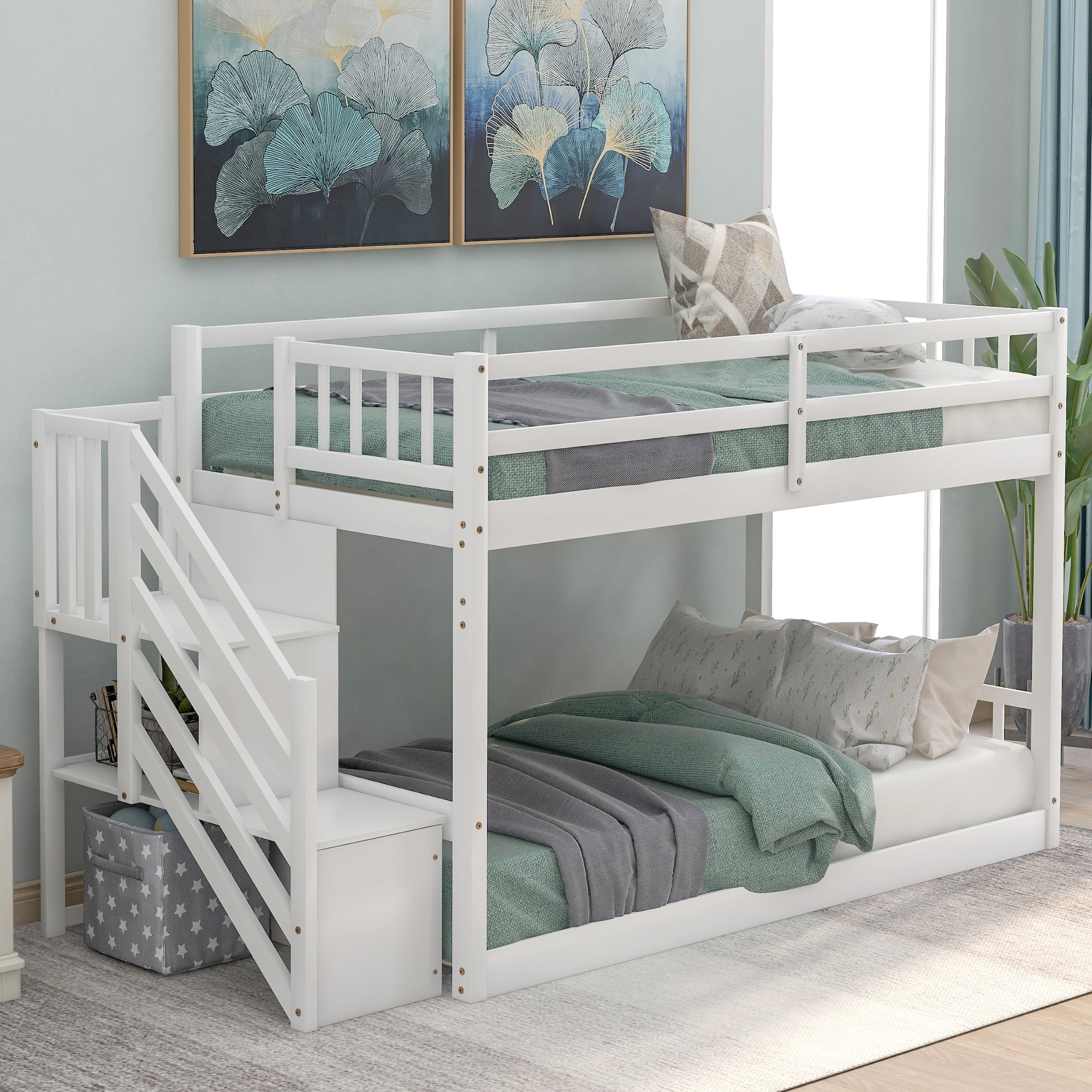 Twin over Twin Floor Bunk Bed, Ladder with Storage, White image 1