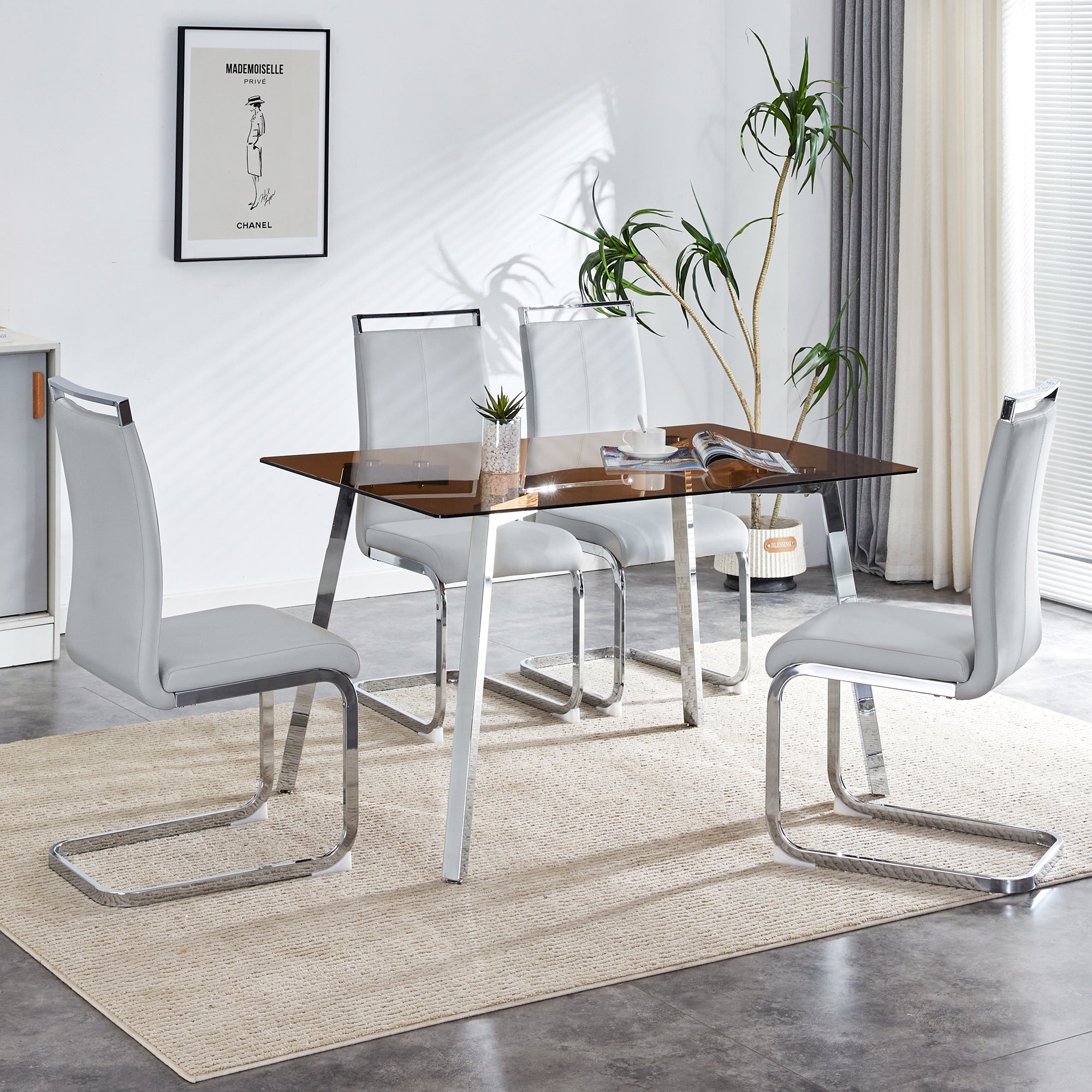 1 table and 4 chairs, brown tempered glass tabletop and silver metal legs, modern minimalist style rectangular glass dining table, paired with 4 modern silver metal leg chairs. 1123 image 1