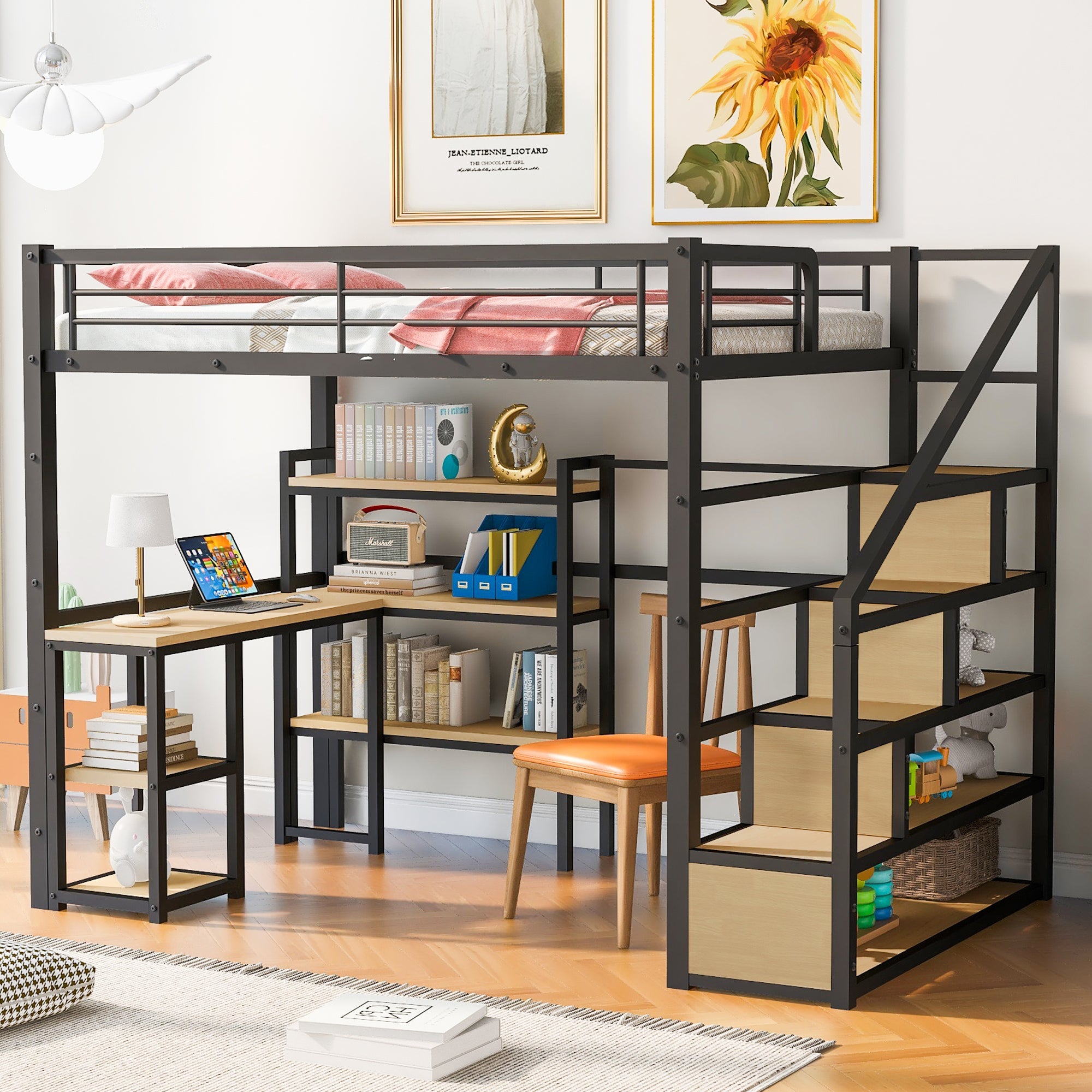 Full Size Metal Loft bed with Staircase, Built-in Desk and Shelves, Black image 1