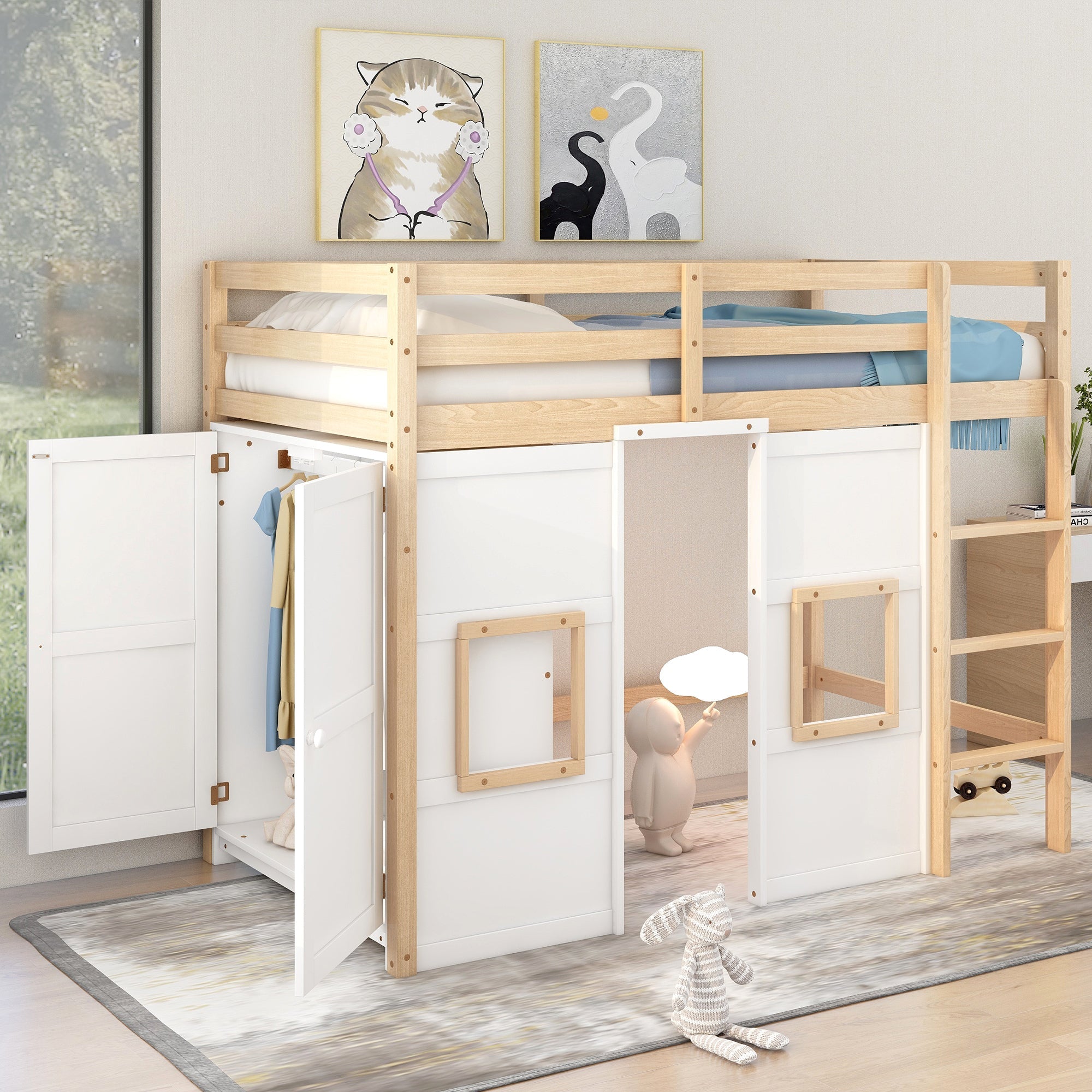 Wood Twin Size Loft Bed with Built-in Storage Wardrobe and 2 Windows, Natural/White image 1