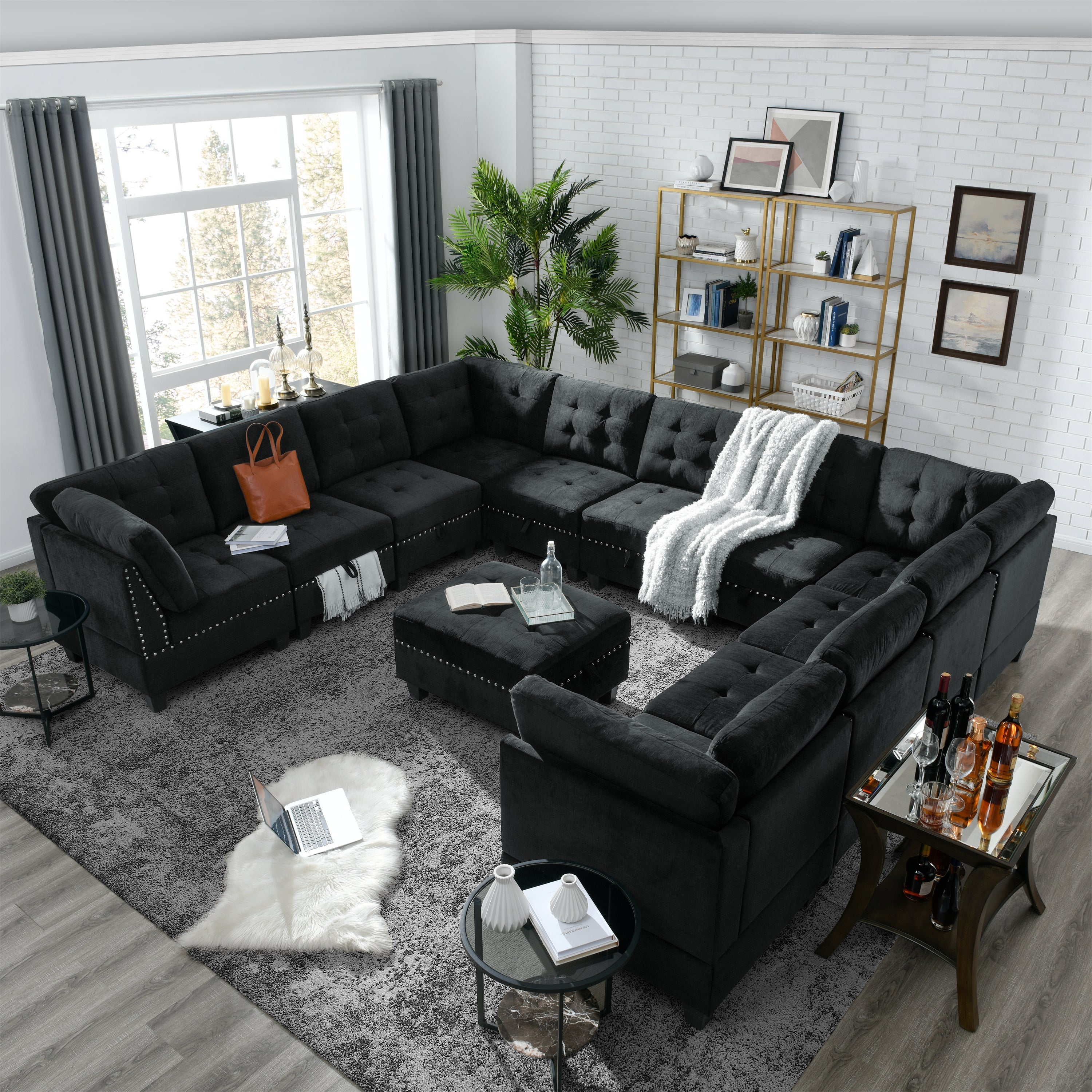 U shape Modular Sectional Sofa,DIY Combination,includes Seven Single Chair,Four Corner and One Ottoman,Black Velvet. image 1