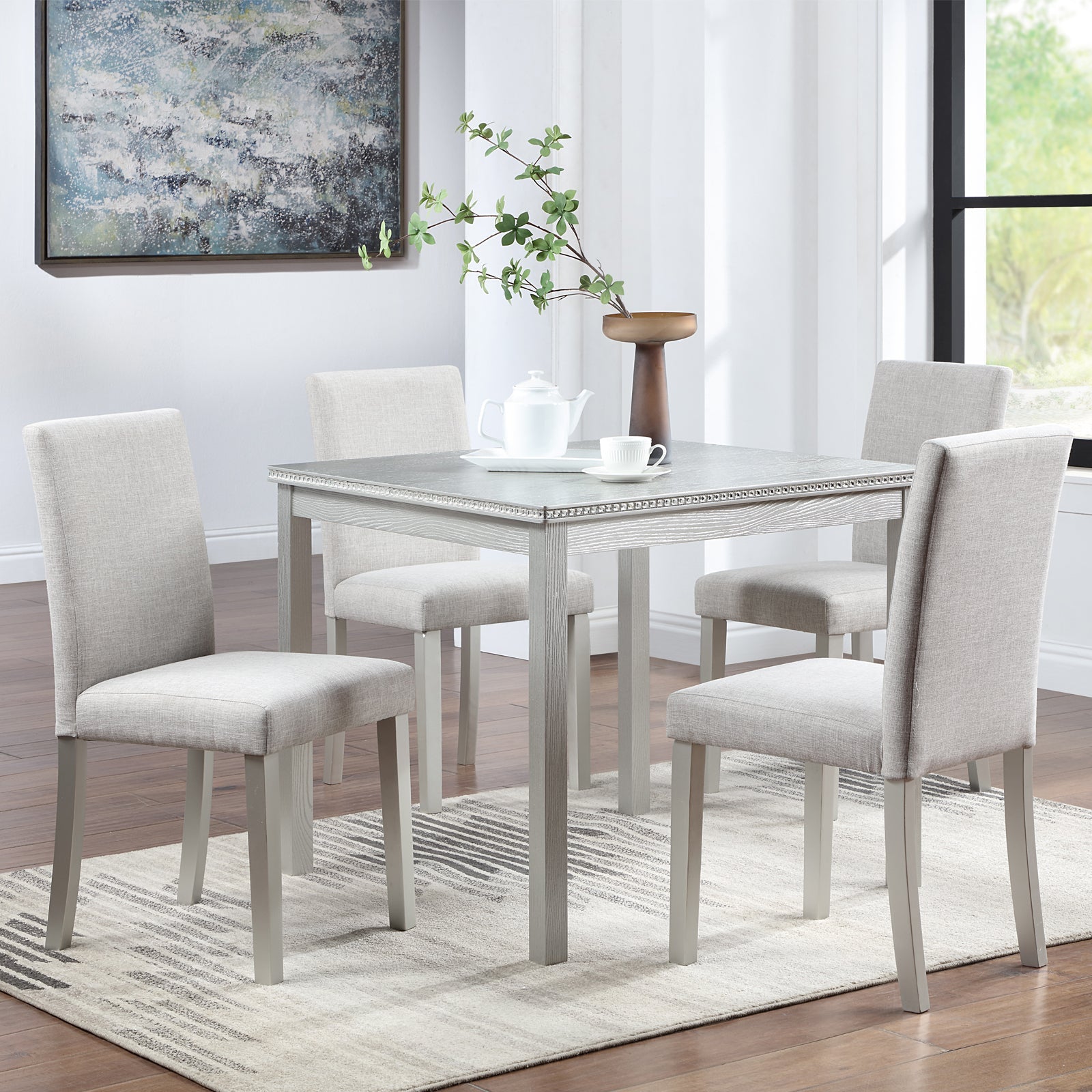 5 Piece Wooden Dining Table Set, Kitchen Table Set with a Square Table and 4 Upholstered Chairs, Wooden Dining Room Table with Crystal Decoration and Chairs Set for Kitchen, Dining Room, Gray image 1