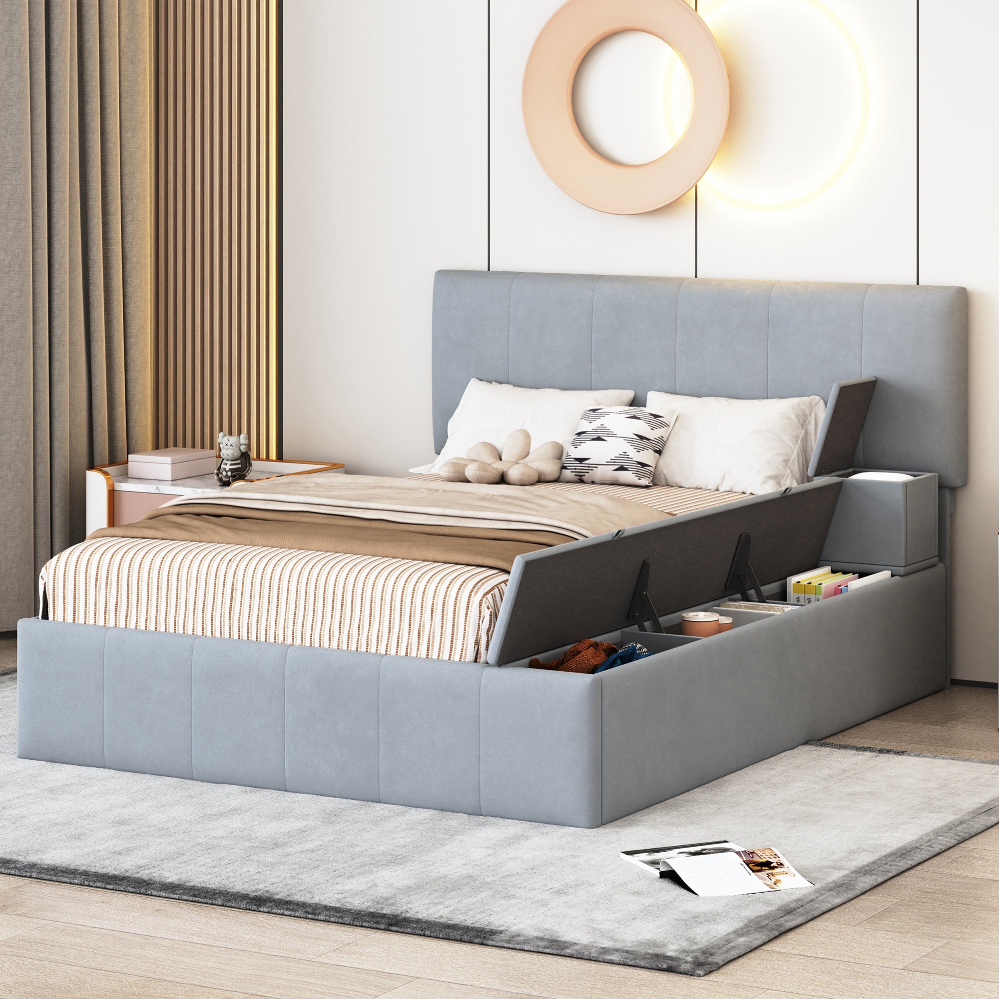 Full Size Upholstered Platform Bed with Lateral Storage Compartments and Thick Fabric, Velvet, Gray image 1