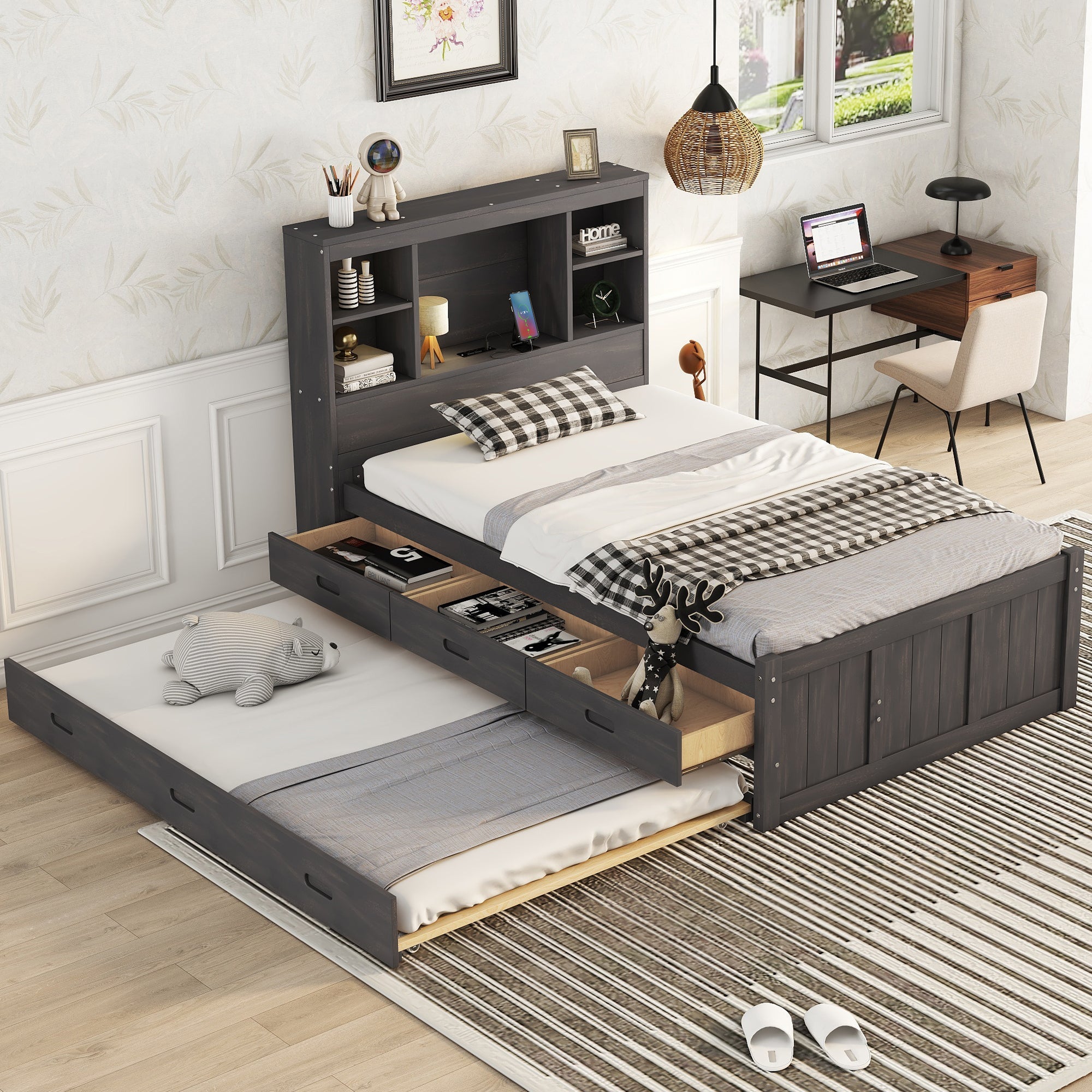 Twin Size Platform Bed with Storage Headboard, Charging Station, Twin Size Trundle and 3 Drawers, Antique Brown image 1