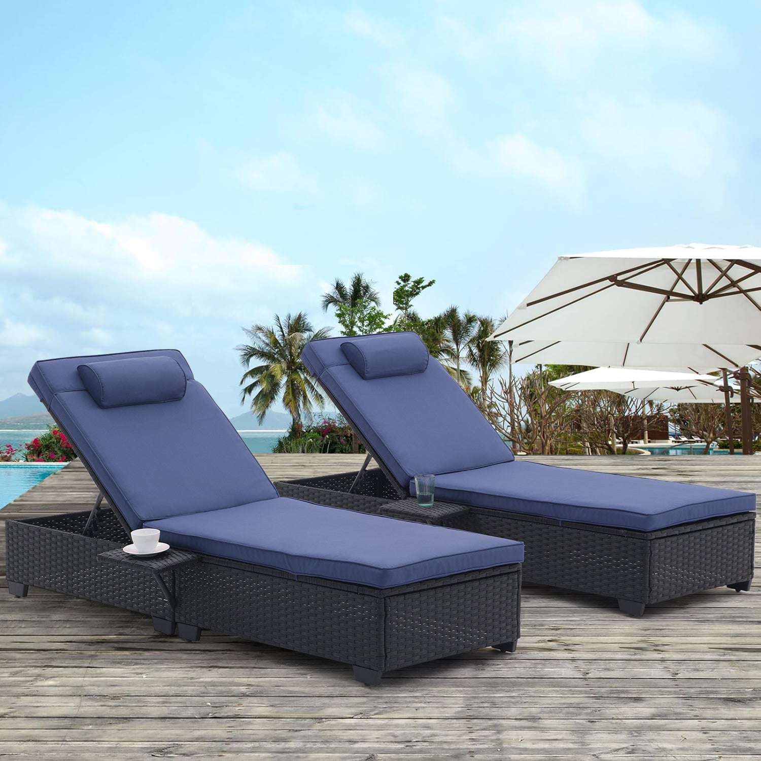 Outdoor Patio Chaise Lounge Chair,Lying in bed with PE Rattan and Steel Frame,PE Wickers,Pool Recliners with Elegant Reclining Adjustable Backrest and Removable Cushions Sets of 2(Black+Navy Blue) image 1