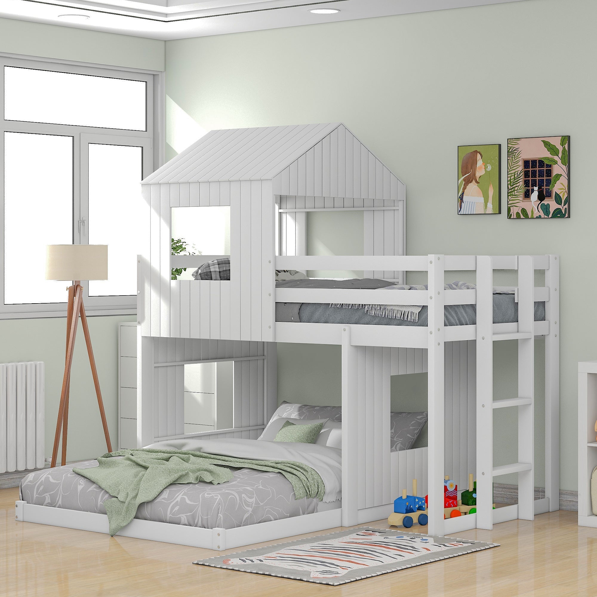Wooden Twin Over Full Bunk Bed, Loft Bed with Playhouse, Farmhouse, Ladder and Guardrails, White image 1