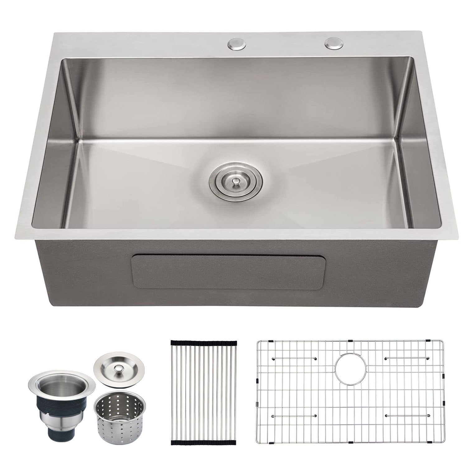 Stainless Steel 30 in 2-Hole Single Bowl Drop-In Kitchen Sink with Bottom Grid and Basket Strainer image 1