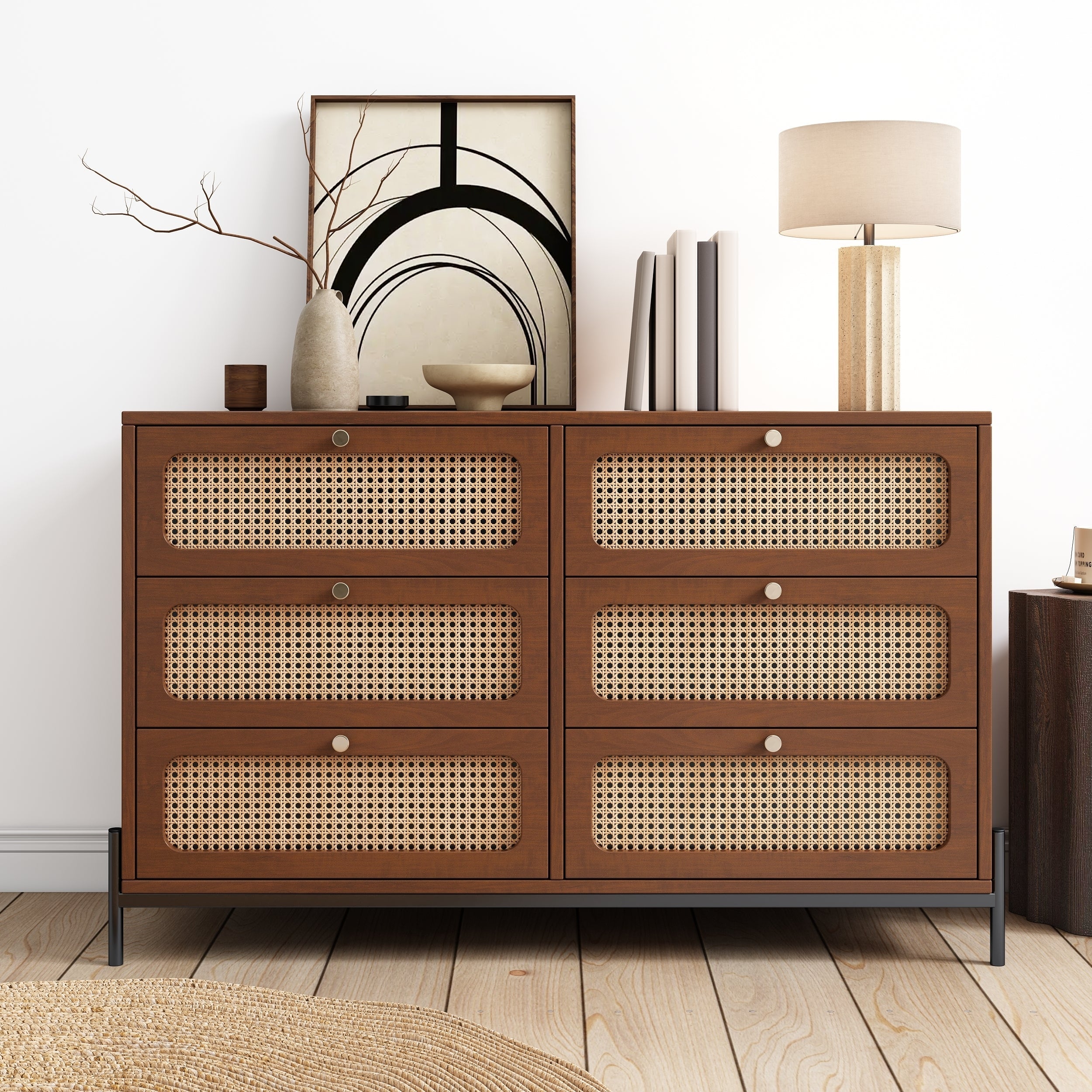 Modern Cannage Rattan Wood Closet 6-Drawer Dresser Wood Storage Cabinet Sideboard for Bedroom, Living Room, Entryway, Hallway, Walnut image 1