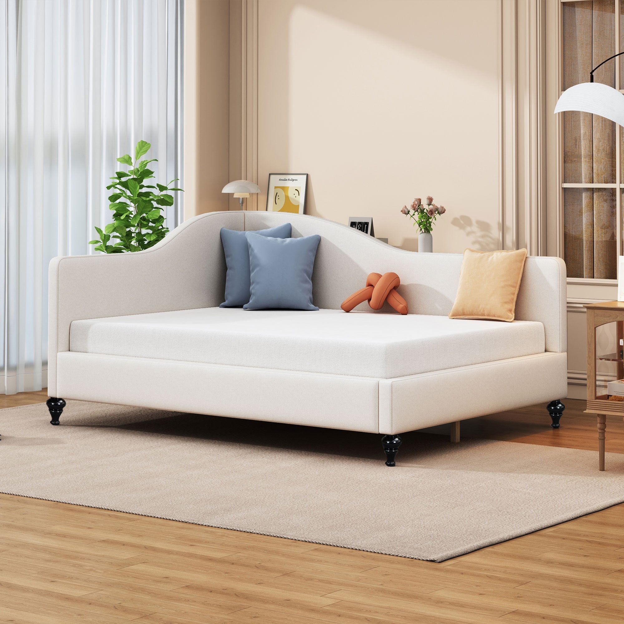 Full Size L-Shaped Linen Daybed,with Solid Wood Legs,Beige image 1