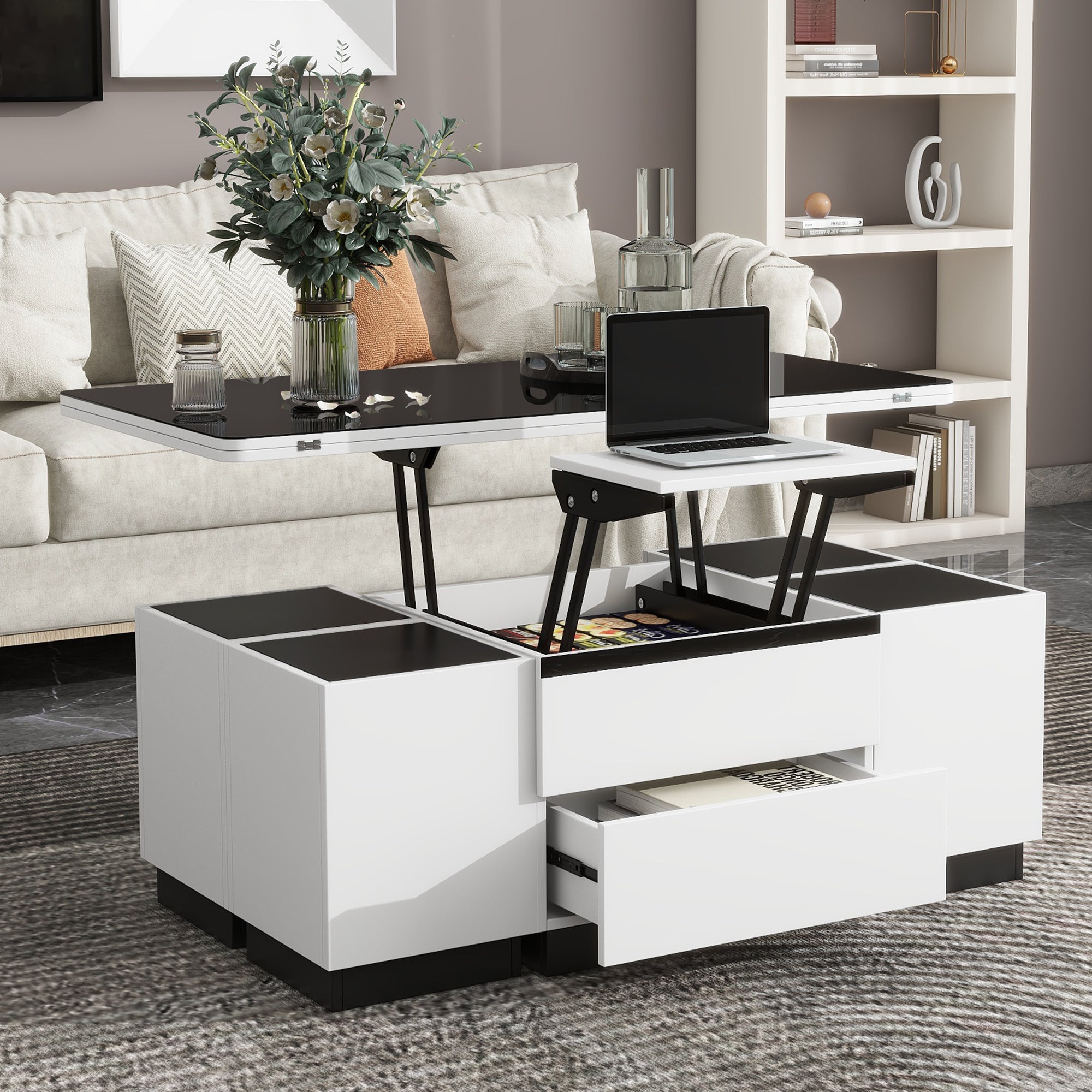 Modern White Lift Top Glass Coffee Table with Drawers & Storage Multifunction Table image 1