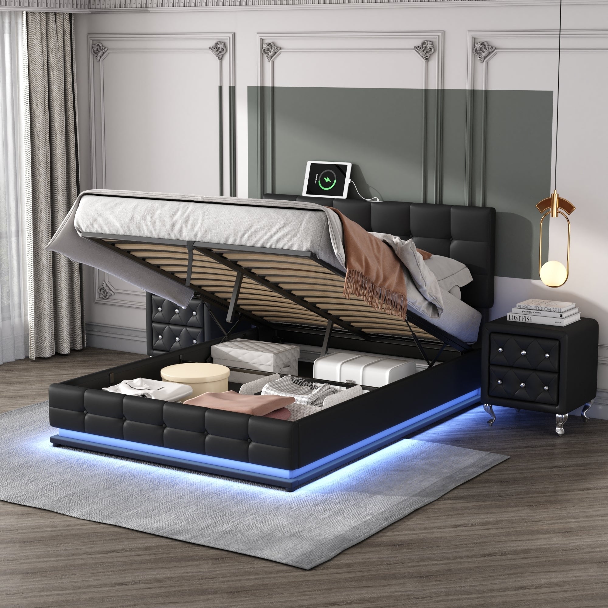 3-Pieces Bedroom Sets,Queen Size Upholstered Bed with LED Lights,Hydraulic Storage System and USB Charging Station, Two Nightstands with Crystal Decoration,Black image 1