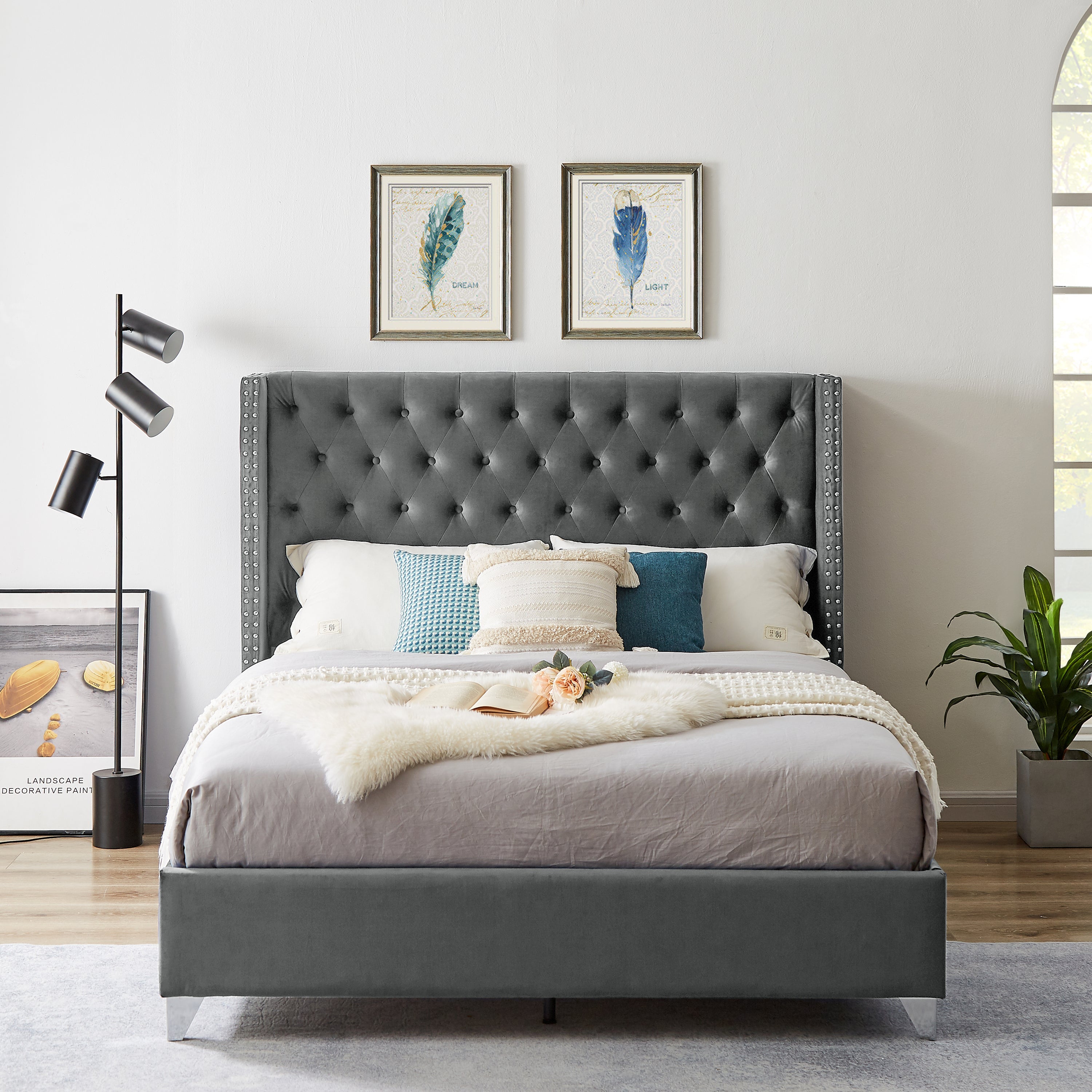 Queen bed, Button designed Headboard, strong wooden slats + metal support feet, Gray Flannelette image 1