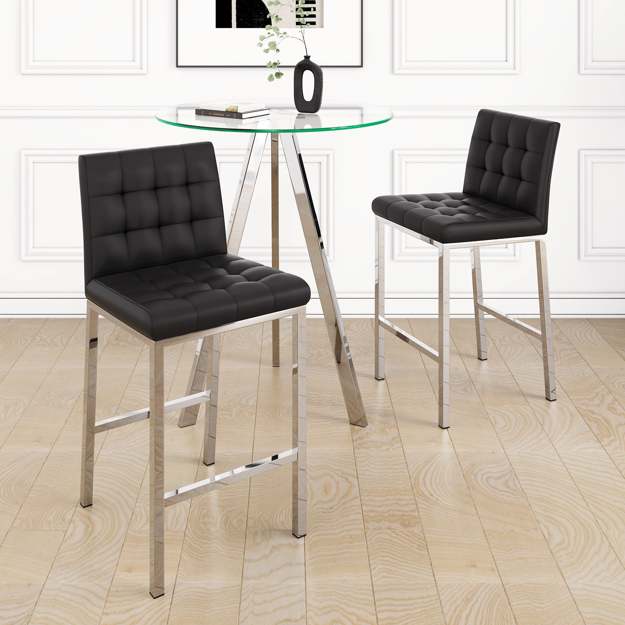 Stylish PU fabric design, electroplated metal legs, round tempered glass table top, bar chair cover, suitable for bars, restaurants, bedroom bar chairs, (set of 3) image 1