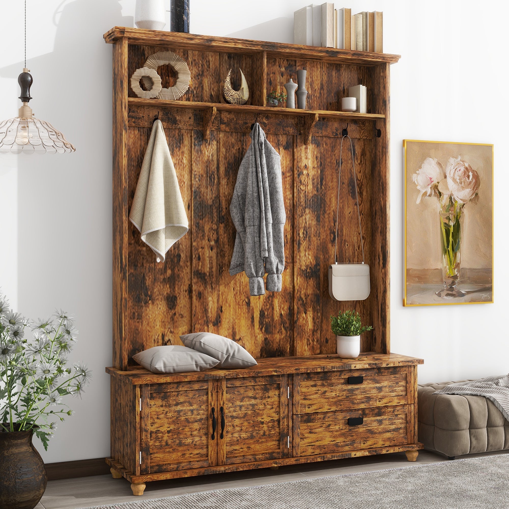 Modern Style Hall Tree with Storage Cabinet and 2 Large Drawers, Widen Mudroom Bench with 5 Coat Hooks, Rustic Brown image 1