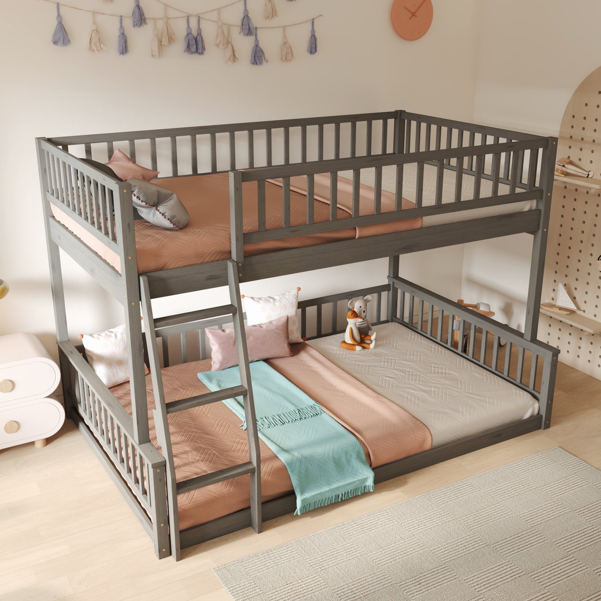 Full XL over Queen Bunk Bed with Ladder and Guardrails, Gray image 1