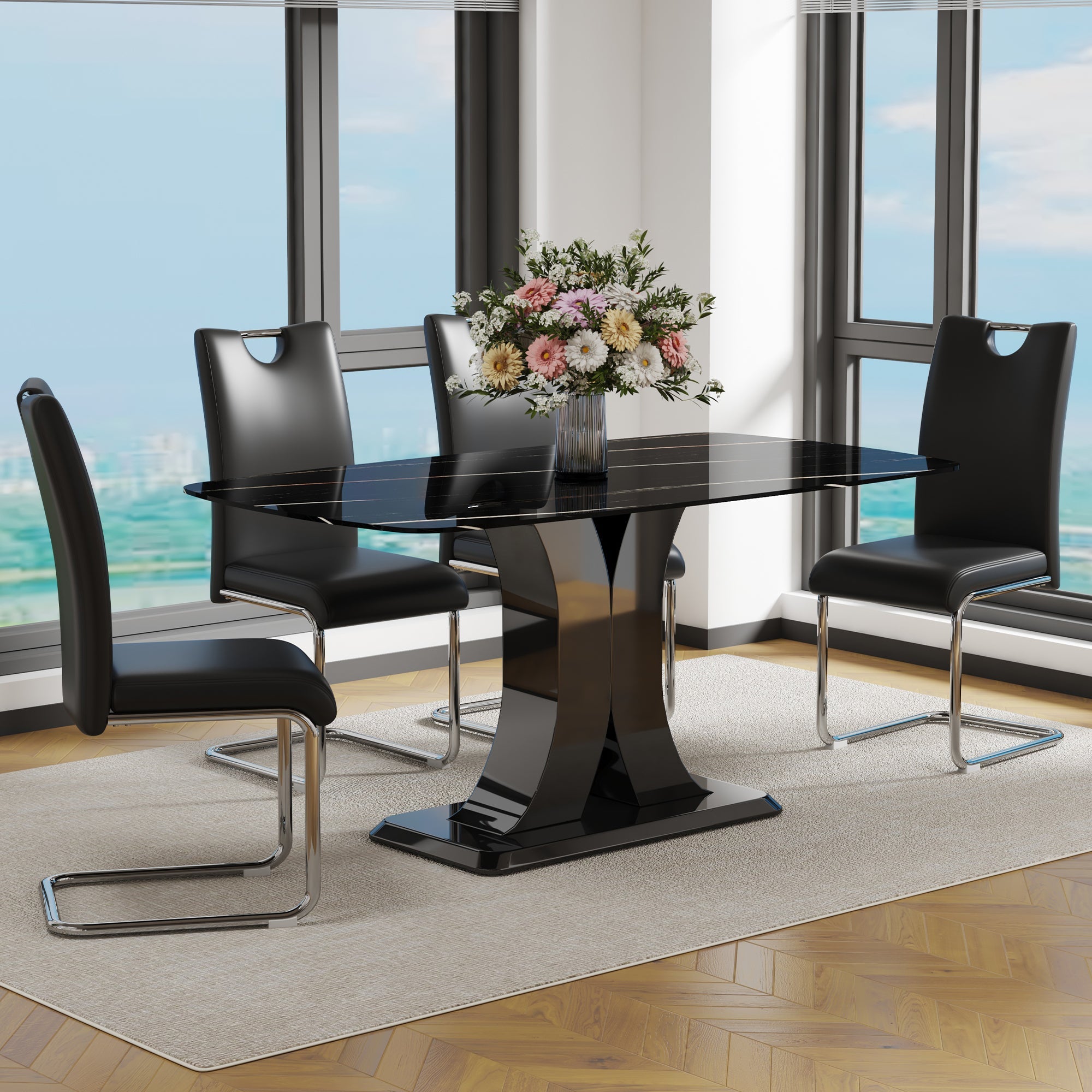 Modern Dining Table Set with Convertible Base, Luxury Rectangular Kitchen Table for 6, 5-piece Dining Room Set with Glass Tabletop and X-shaped Legs, Dining Table & 4 Chairs (Black Marble) image 1